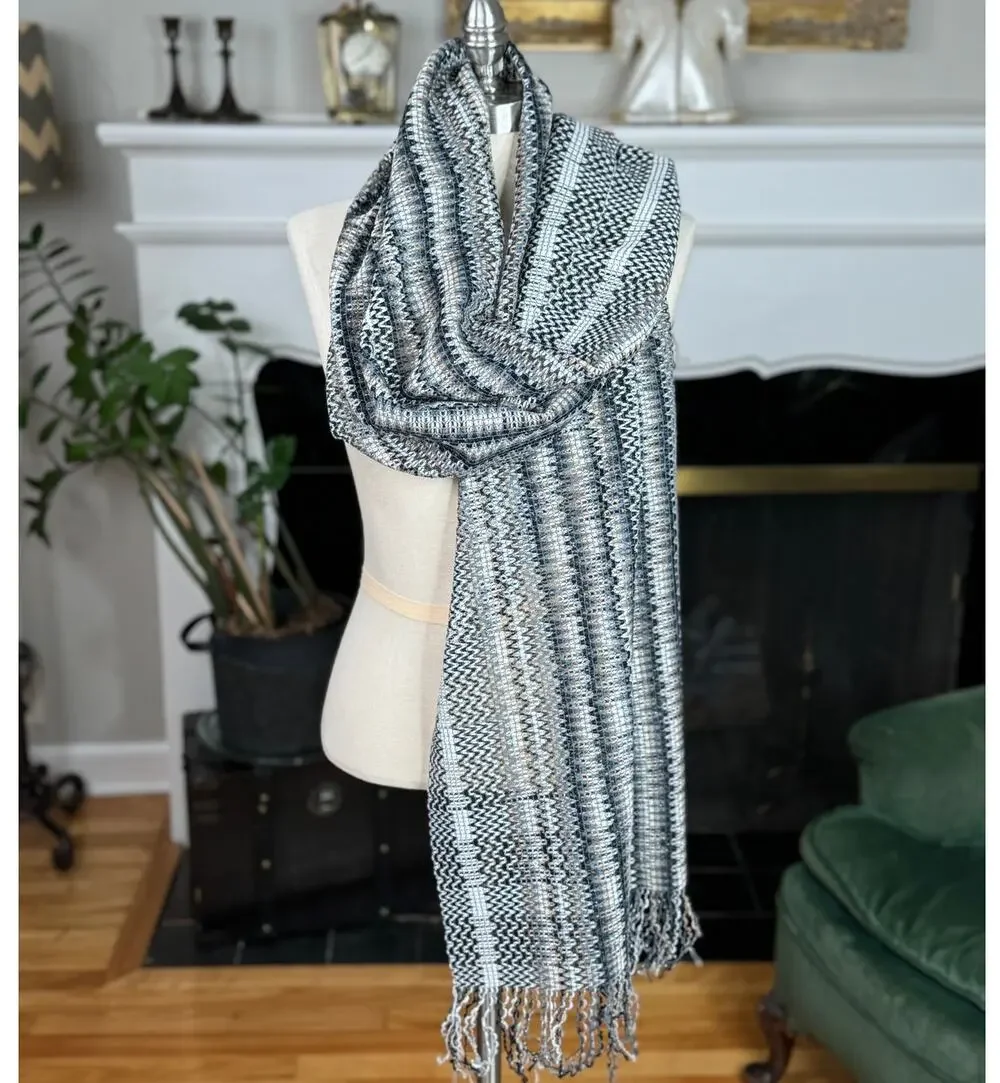 Vintage Missoni Scarf, Wool Blend Silver Gray Tan Zigzag, 68